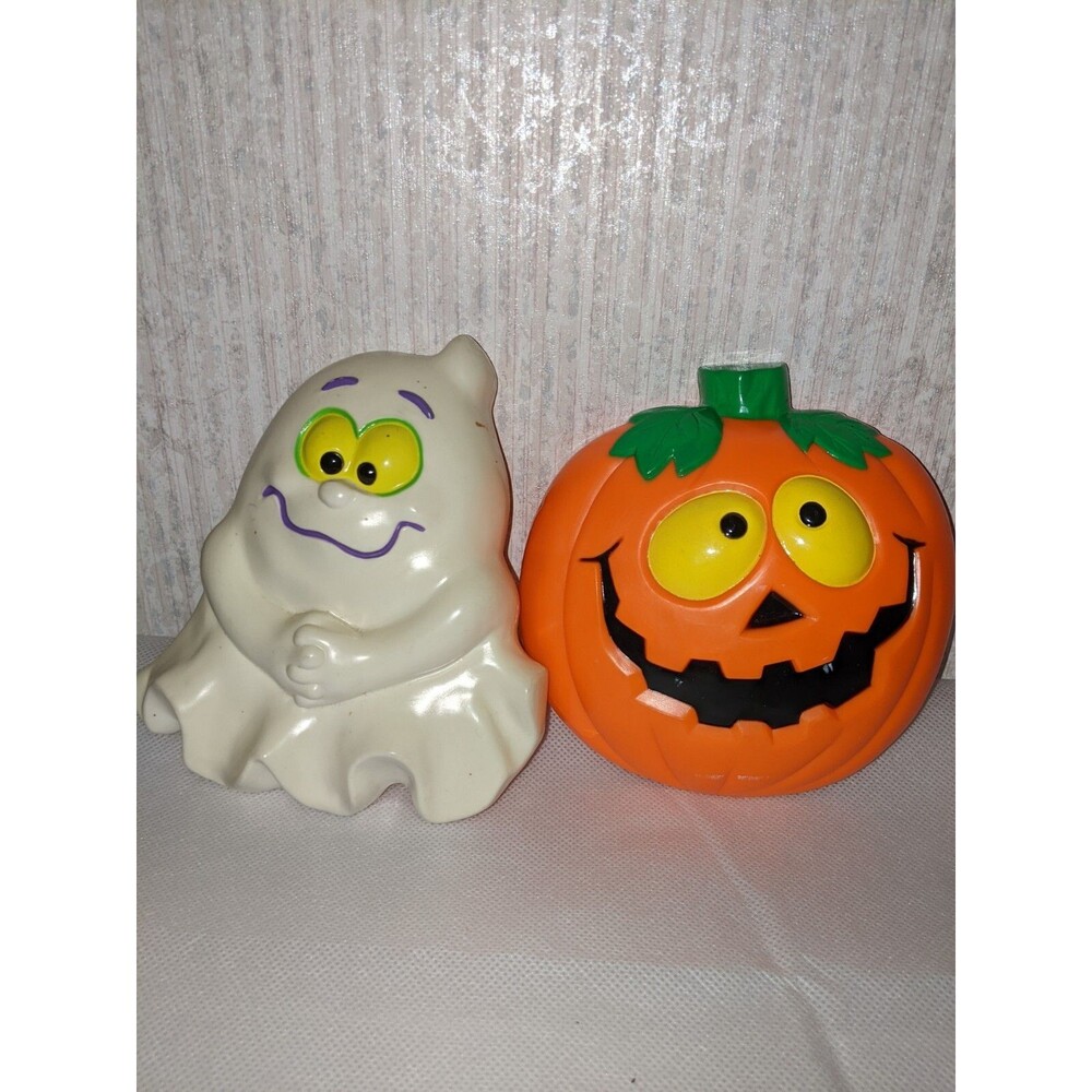 Vintage Halloween Plastic Light Up Ghost And Pumpkin